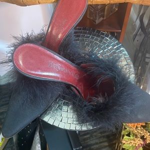 Yves Saint Laurent Black fur trim mule heels. EUC